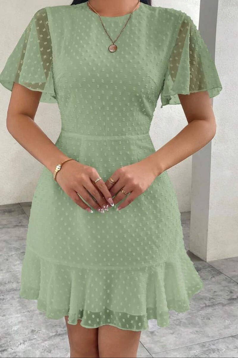 CWDSD8788_SUMMER V-NECK POLKA DOT LACE-UP DRESS