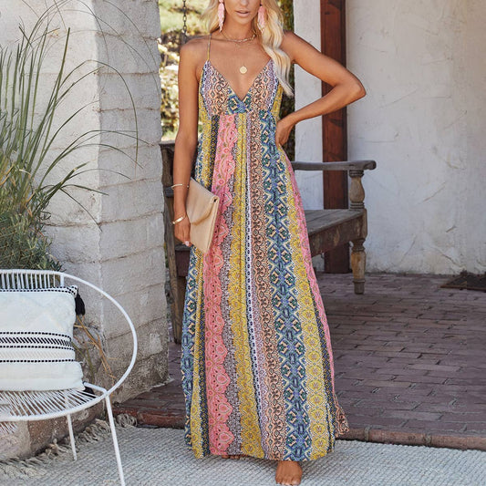 V-NECK HALTER HALTER PRINT DRESS