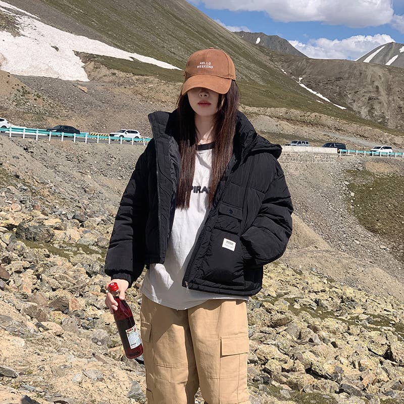 Stand collar hooded thick warm padded jacket