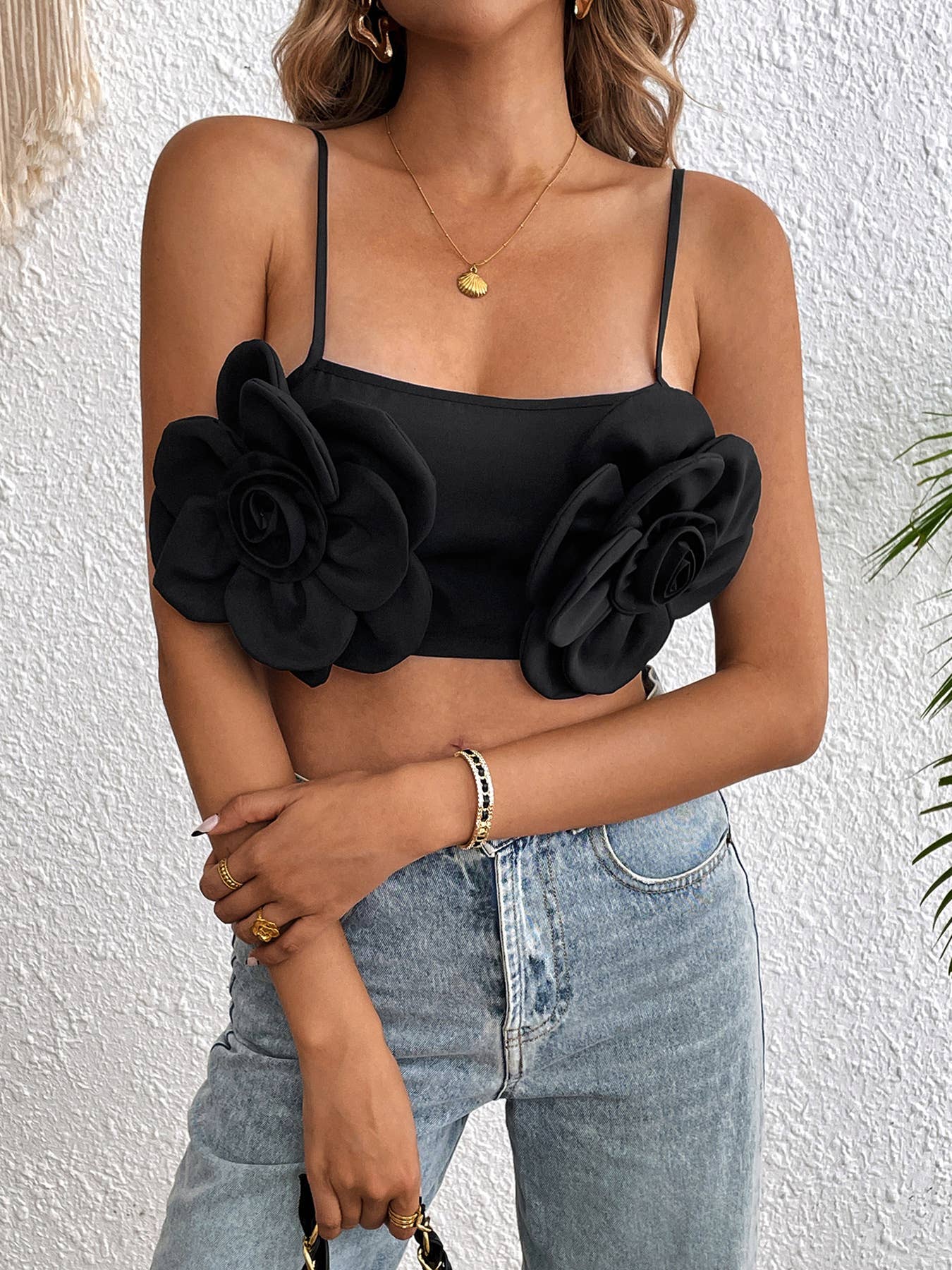 Elastic 3D roll sexy solid color camisole vest