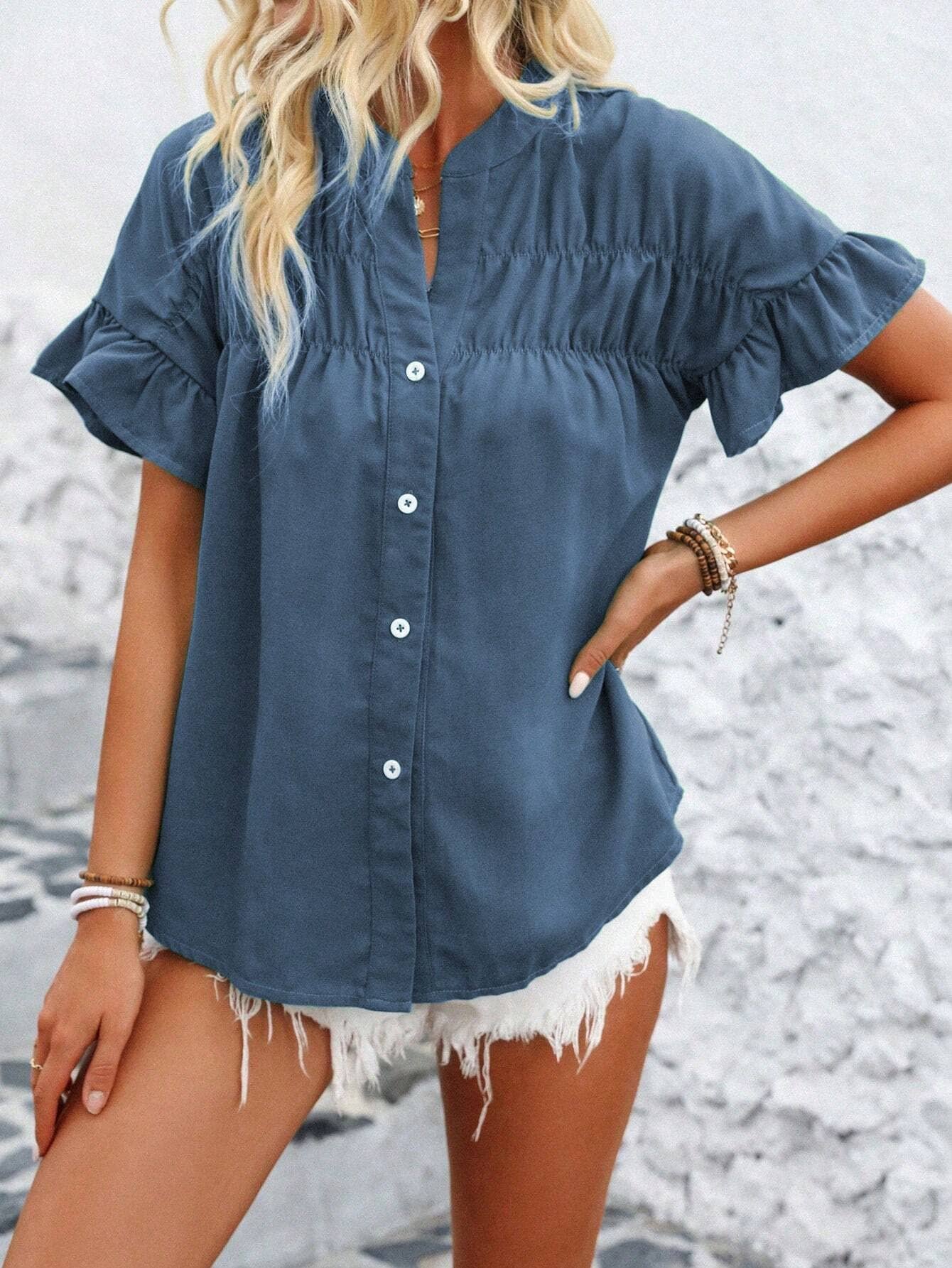 Women¡¯s casual pleated button-down linen shirt