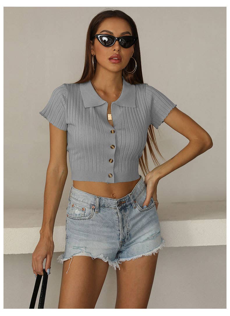 Solid color lapel slim knit short-sleeved top
