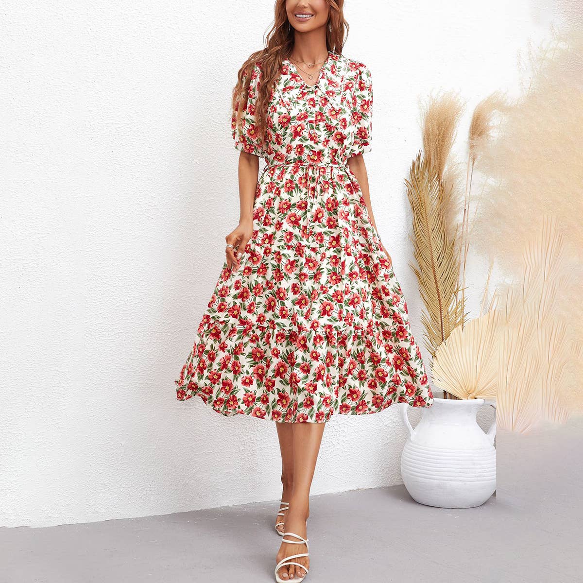 LAPEL FASHION PRINT WAIST DRAW-IN LONG DRESS