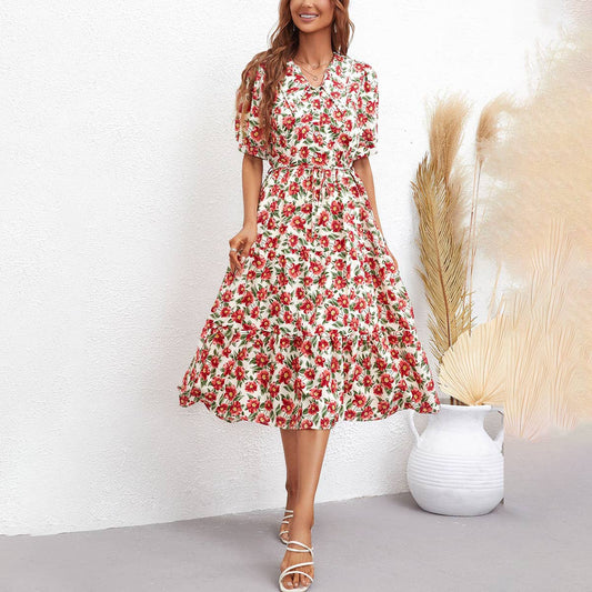 LAPEL FASHION PRINT WAIST DRAW-IN LONG DRESS