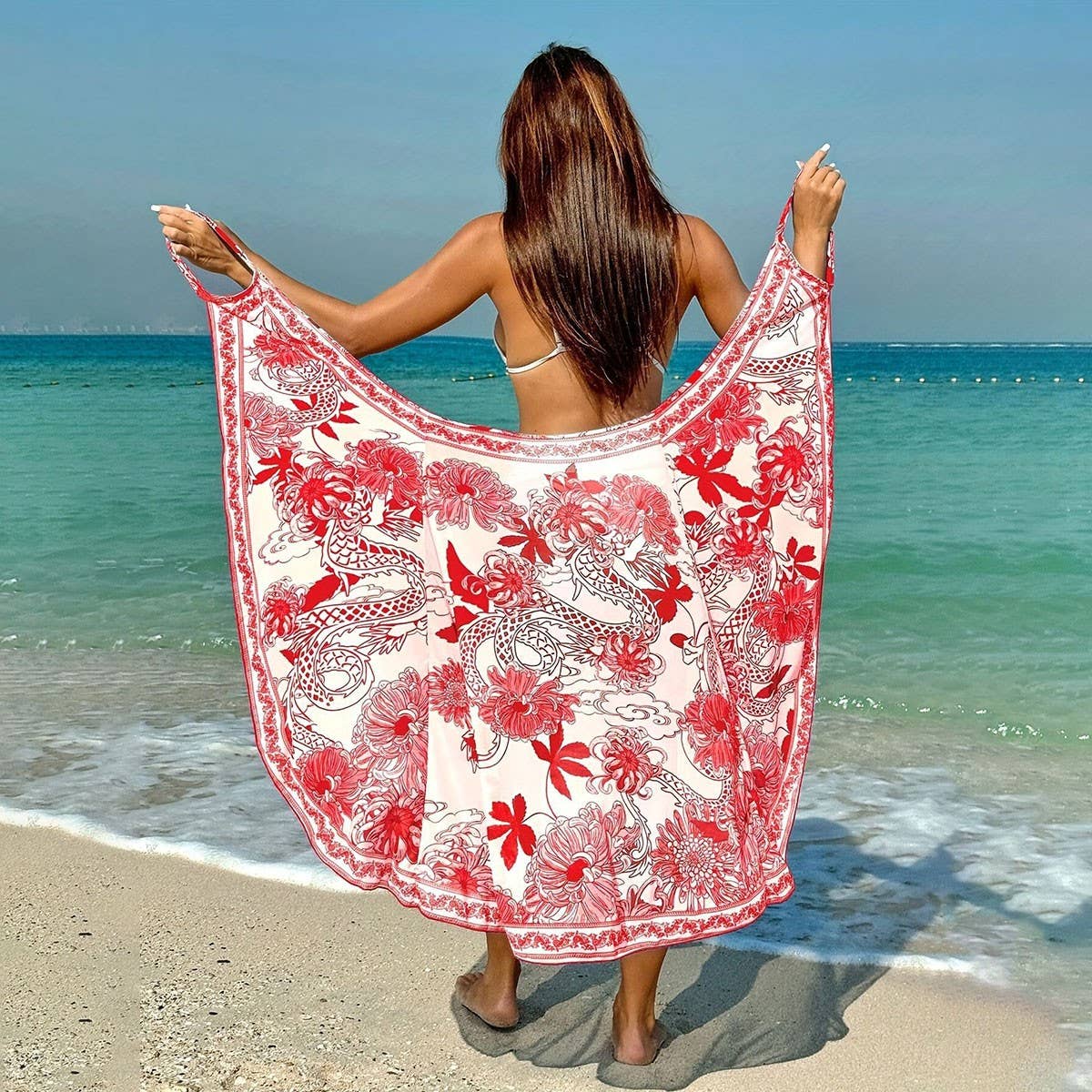 Versatile Print Beach Dress, Multi-Way Cape Style