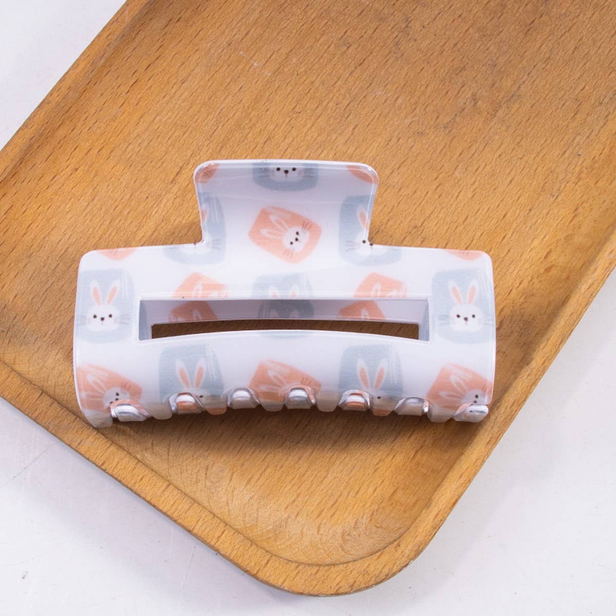 CWAHA1439_BUNNY HEAD PRINT RECTANGULAR LARGE HAIR CLAW CLIP
