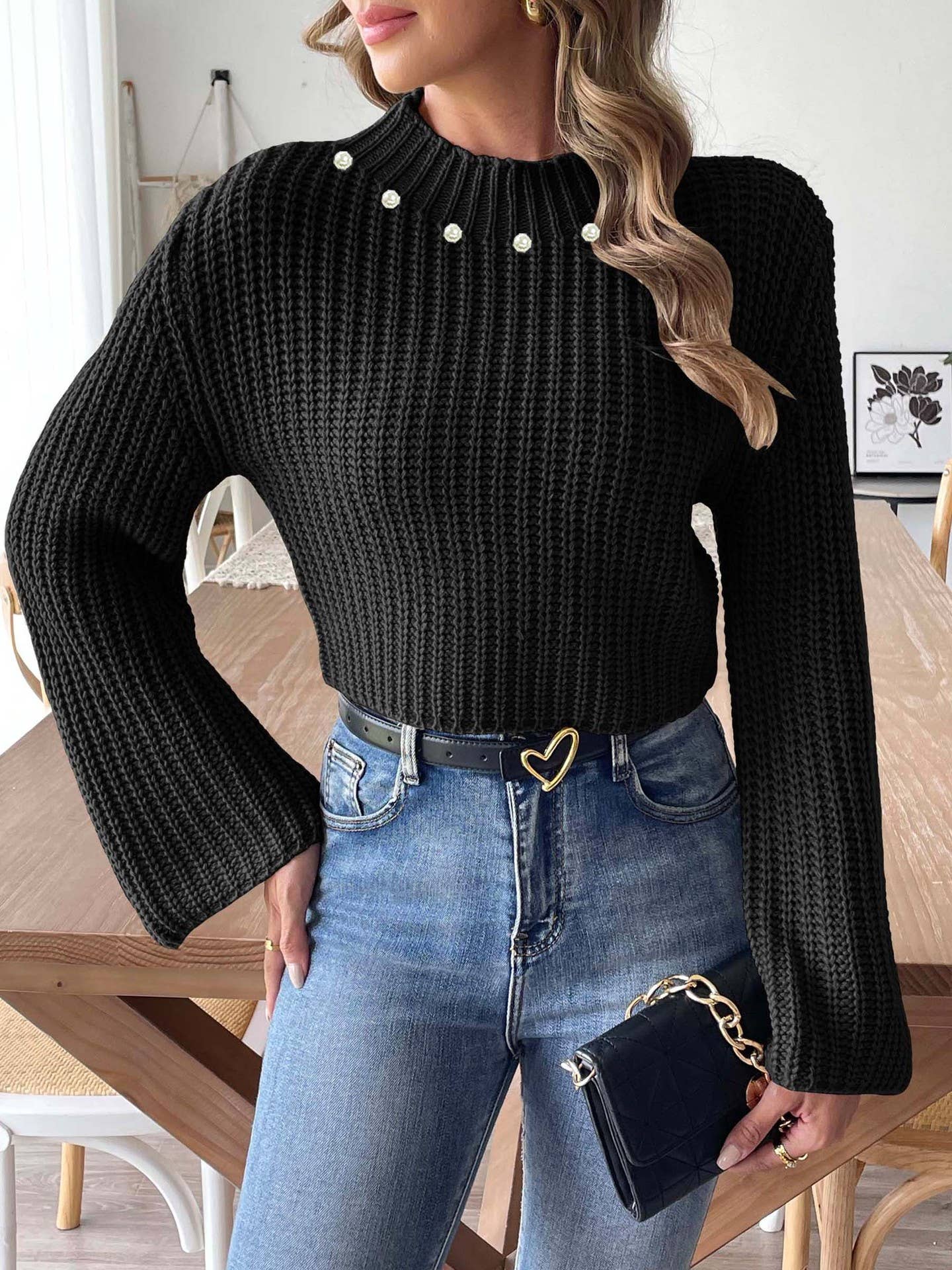 SWEATER WITH FLARED SLEEVES AND HALF TURTLENECK