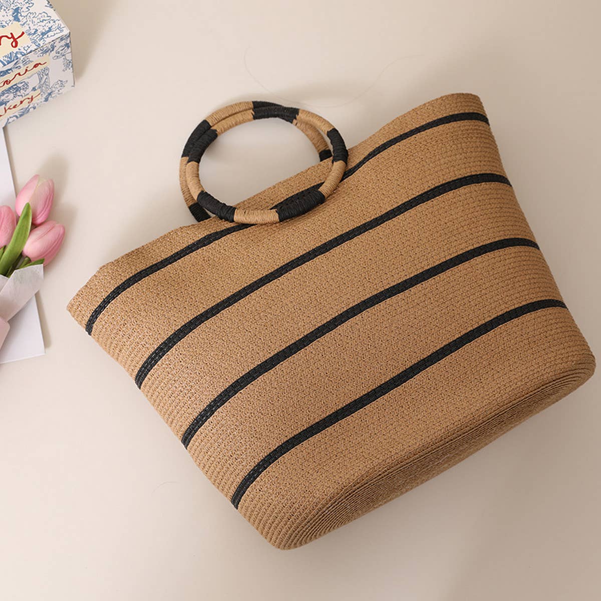 NEW STRIPED TOTE STRAW BAG WOVEN BAG_CWAB1889