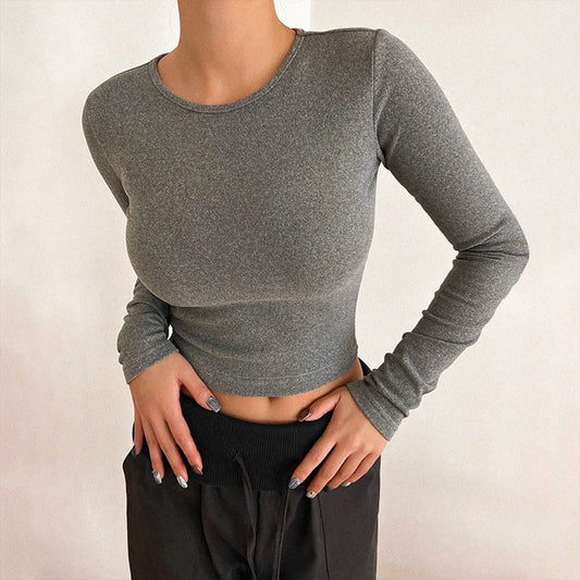 ROUND NECK LONG SLEEVE CASUAL SOLID COLOR TOP