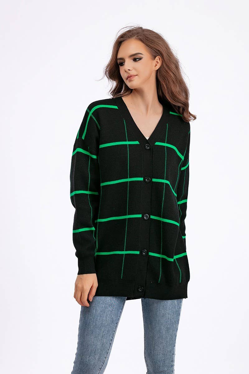 CWOCAL00671_STRIPED PLAID LOOSE KNIT CARDIGAN SWEATER