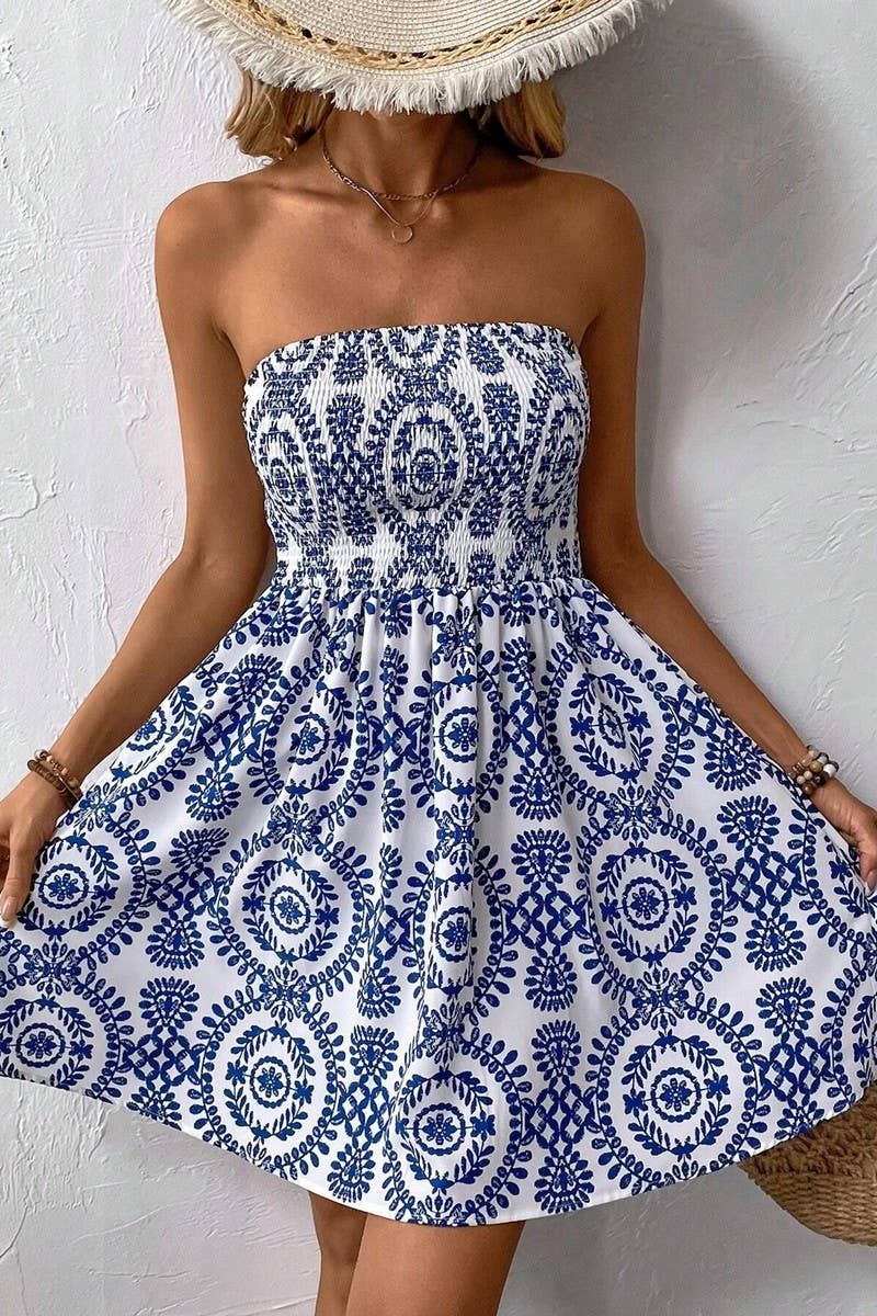CWDTD0409_BLUE PRINTED TUBE TOP DRESS