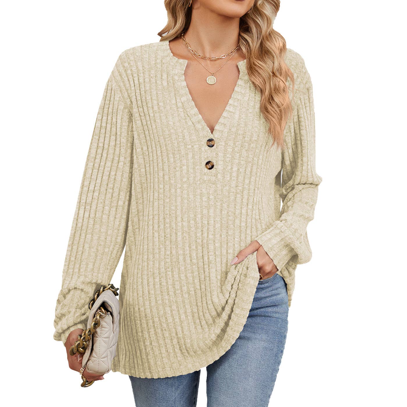 V-NECK BUTTON-DOWN LONG SLEEVED LOOSE T-SHIRT