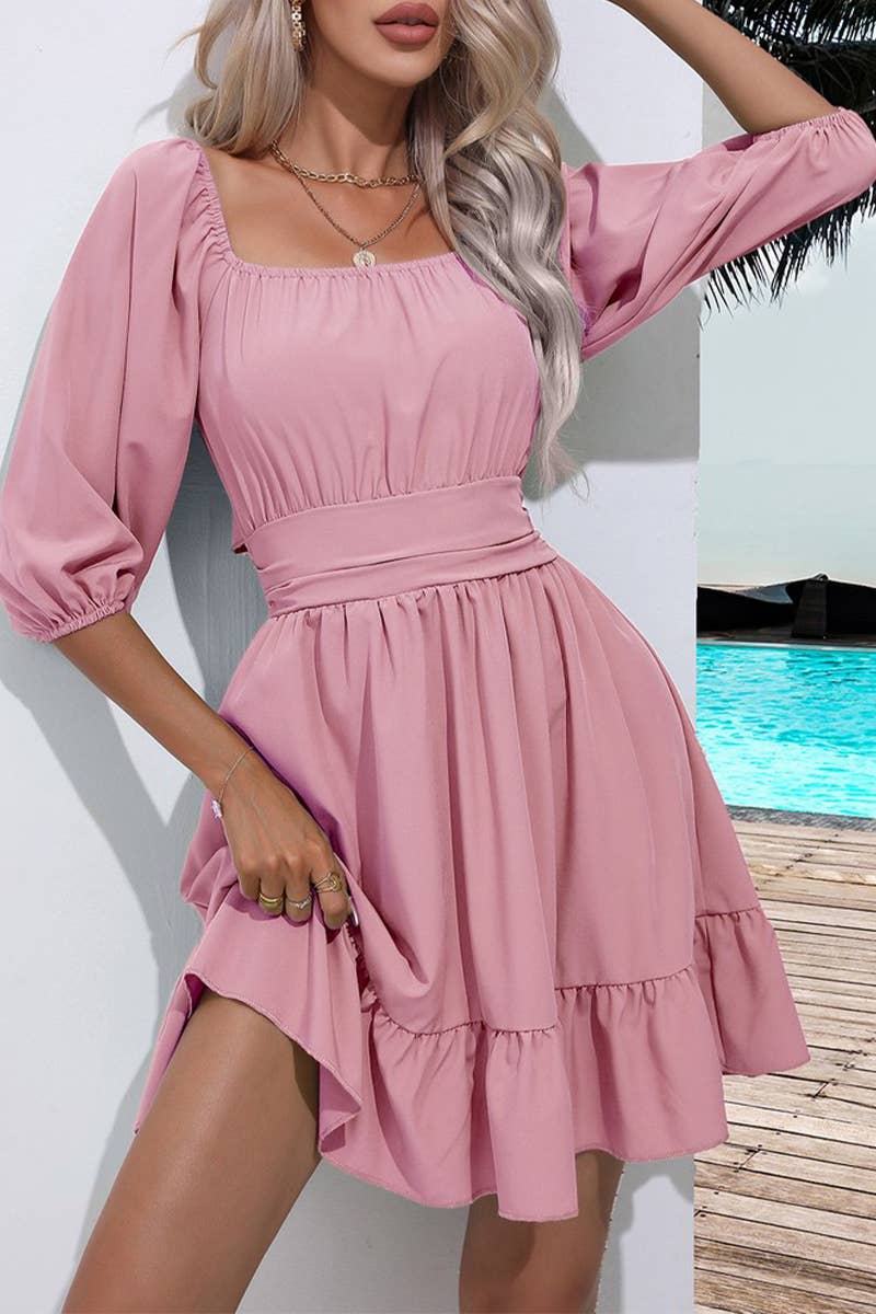 CWDSD7390_SUMMER RUFFLED SQUARE NECK TIE SHORT DRESS