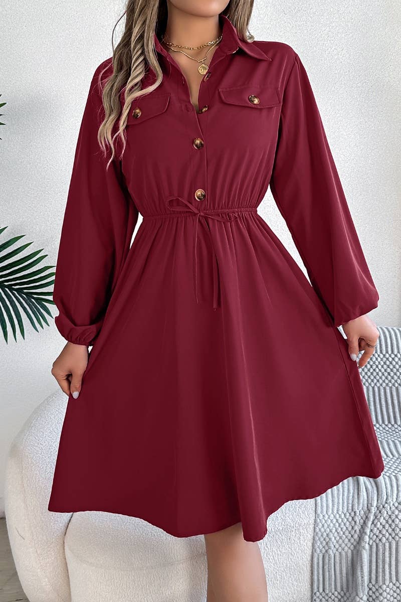 CWDSD6424_CASUAL BUTTON-DOWN WAIST SHIRT DRESS SHORT
