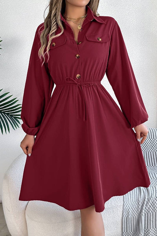 CWDSD6424_CASUAL BUTTON-DOWN WAIST SHIRT DRESS SHORT