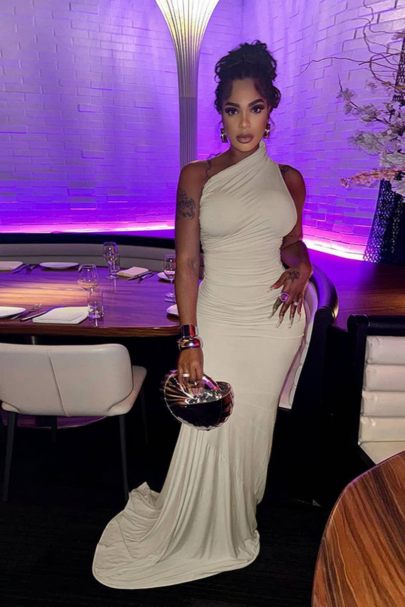 CWDMD6434_SOLID COLOR ONE-SHOULDER SLIM FIT DRESS