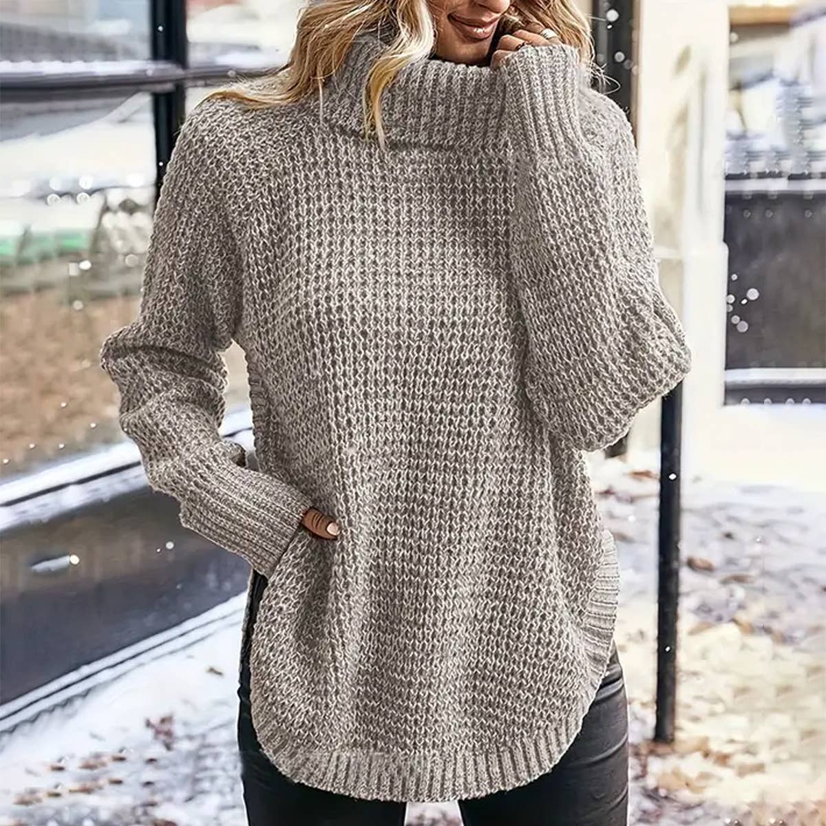 Fashion turtleneck split pullover long-sleeved knitwear