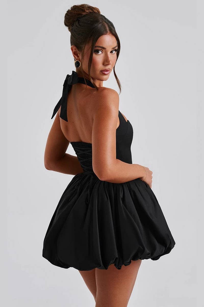 CWDHL0946_SEXY HALTER BOW TIE FIT AND FLARE MINI DRESS