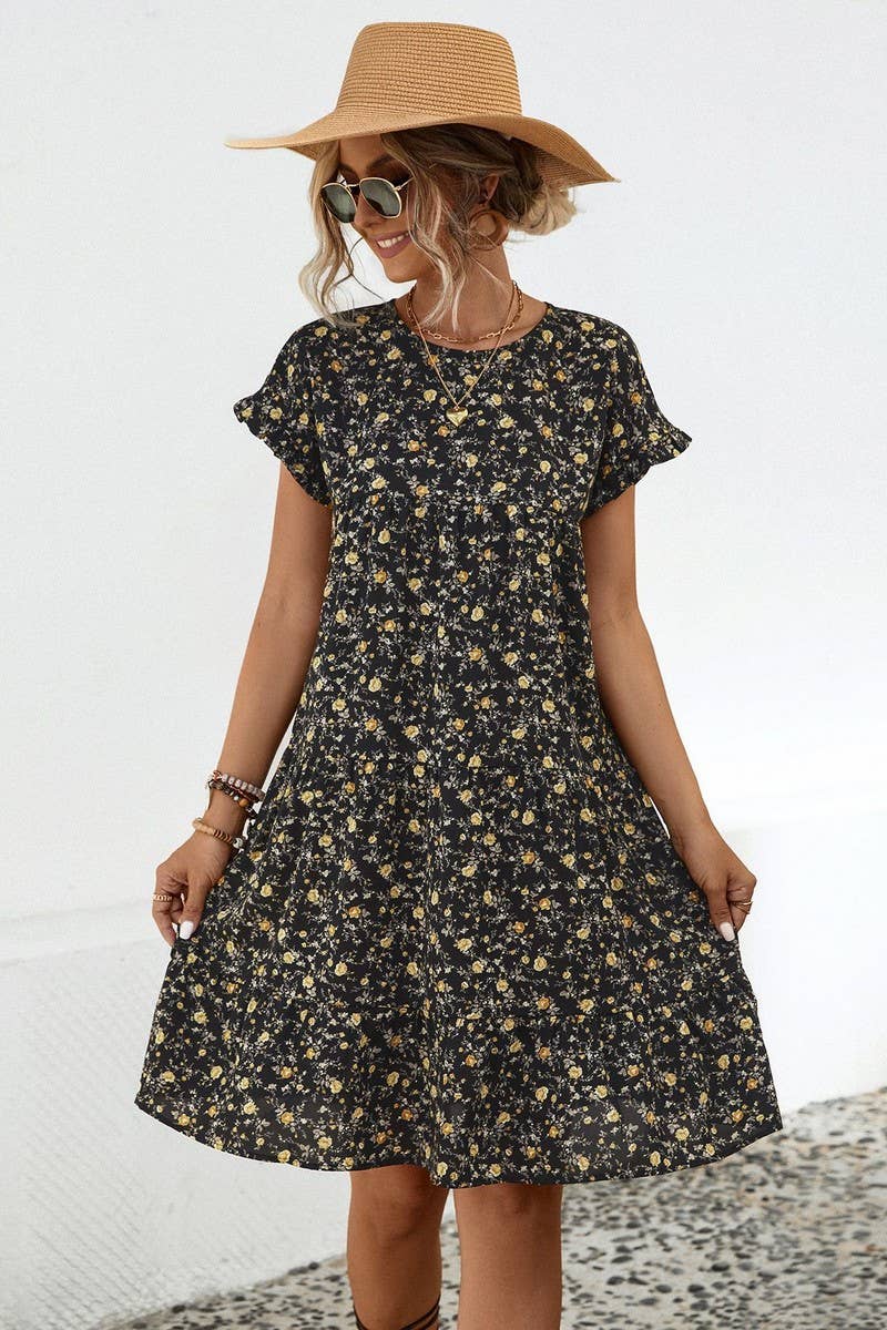 CWDSD4946_ROUND NECK FLORAL RUFFLE SLEEVE DRESS