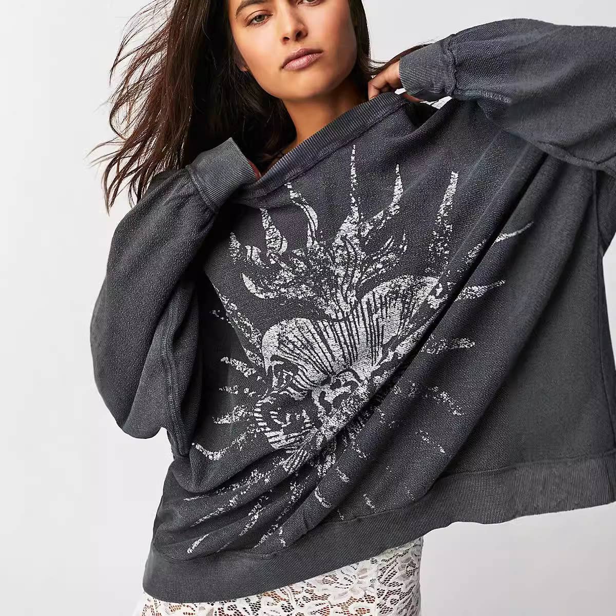 AMERICAN FASHION VINTAGE PRINTED CREW-NECK HOODIE