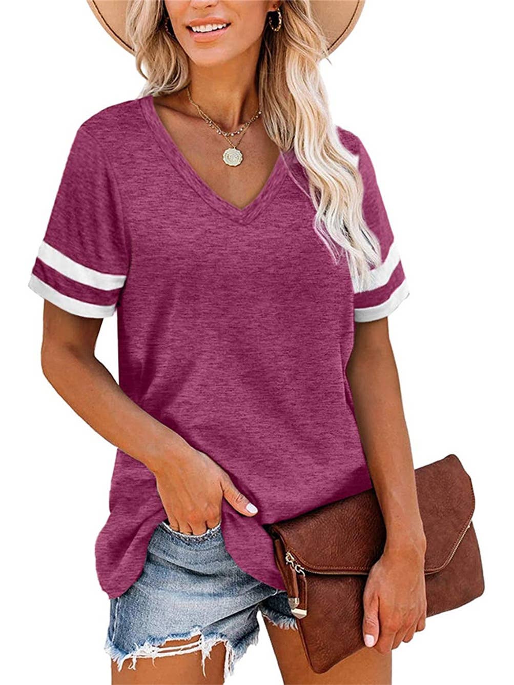 V-NECK SHORT SLEEVE COLOR MATCHING LOOSE TOP