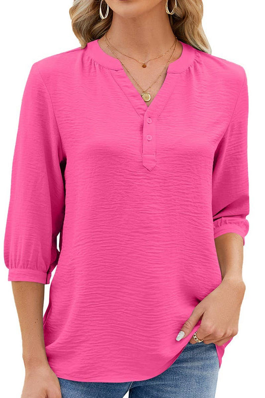 V NECK BUTTON SOLID COLOR LOOSE T SHIRT_CWTSTS0188