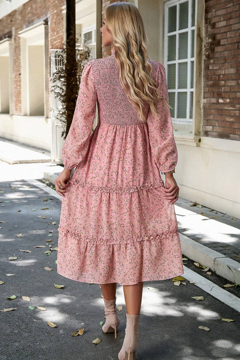 WOMENS CASUAL FLORAL WOODEN EAR EDGE DRESS_CWDMD0711