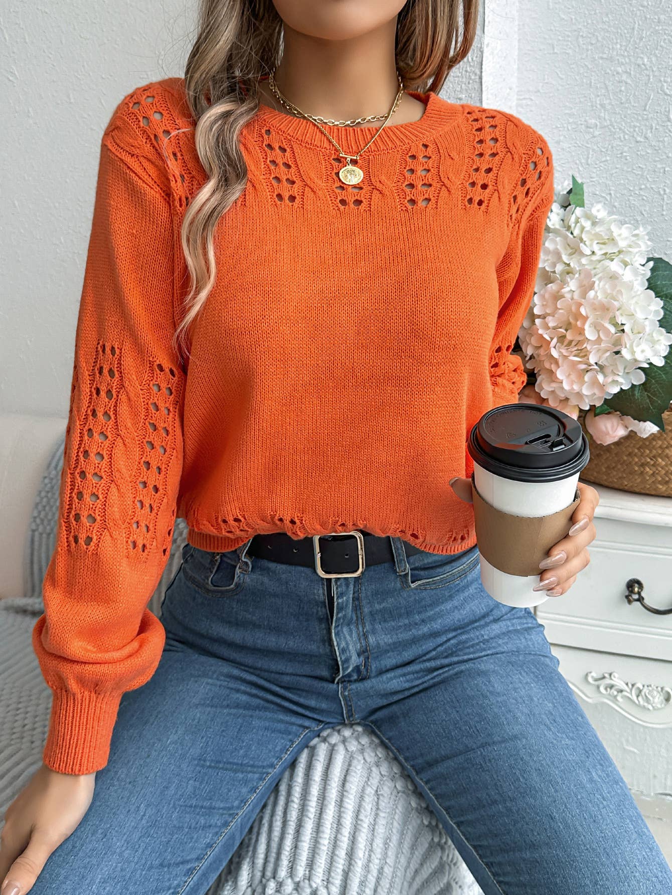 SOLID COLOR HOLLOW-OUT LANTERN SLEEVE SWEATER
