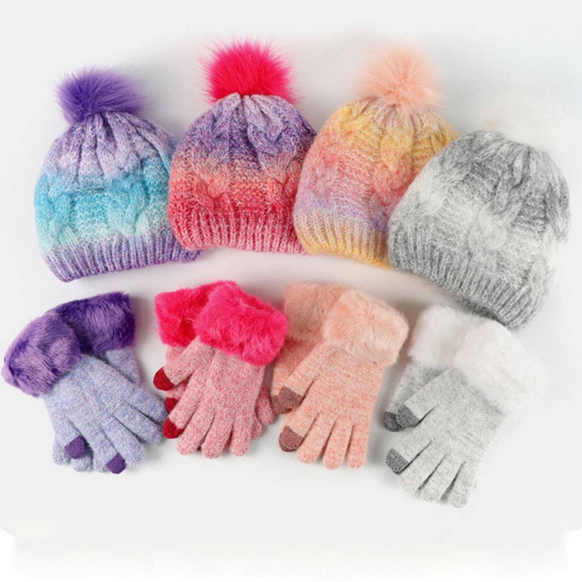 CHILDREN'S FUR BALL HAT AND GLOVES TWO-PIECE SET