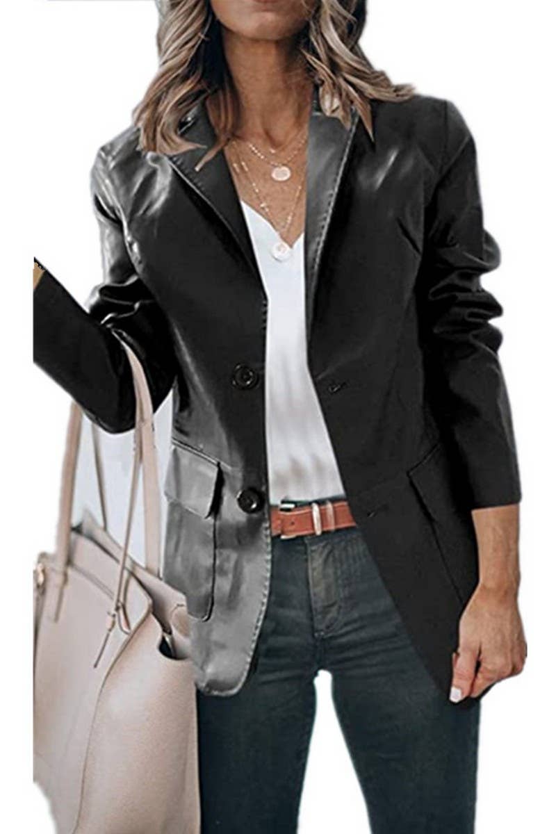 CWOCO1152_LAPEL SINGLE BREASTED PU LEATHER JACKET