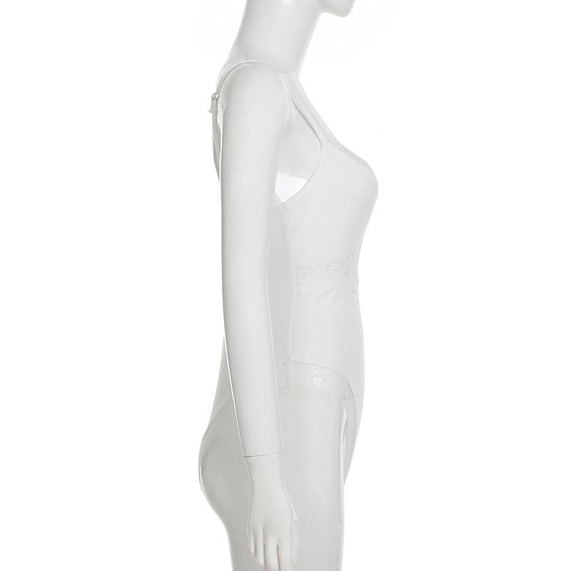 Lace patchwork bust solid color strap jumpsuit