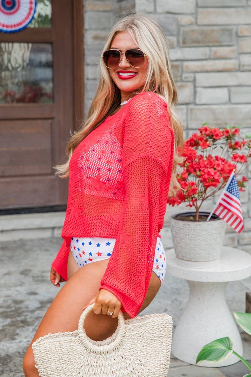 CWTBLL3399_ROUND NECK FIVE-POINTED STAR BEACH COVER-UP