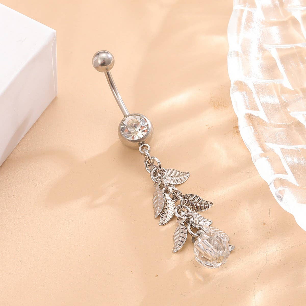 Leaf Tassel CZ Belly Ring for Navel Piercing_CWMM9249
