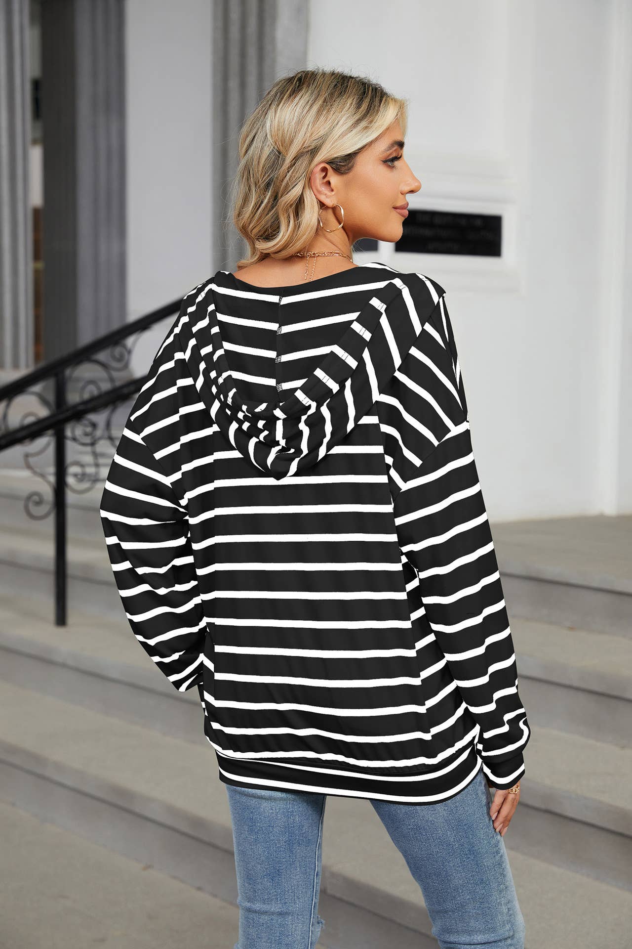 Striped V-neck hooded long-sleeved sweatshirt