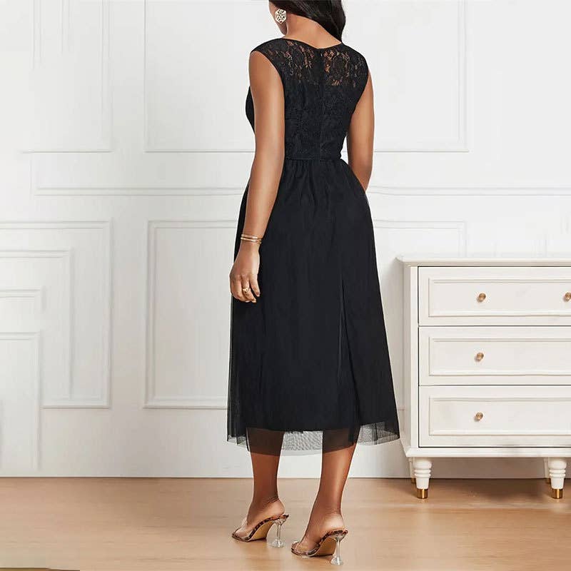 Lace mesh patchwork see-through dress