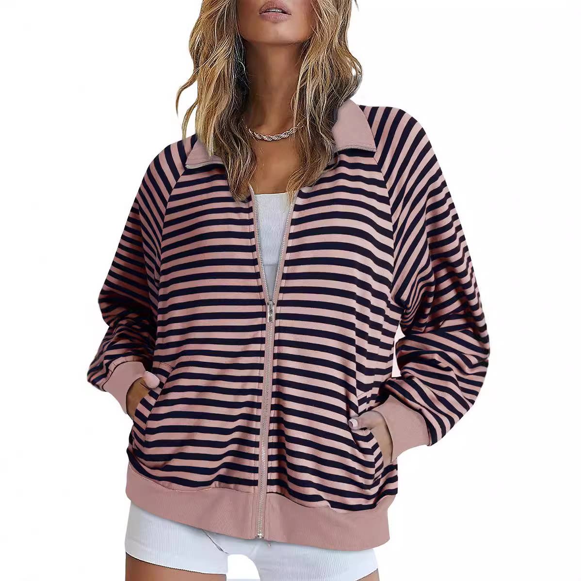 Striped lapel color-blocking zipper cardigan