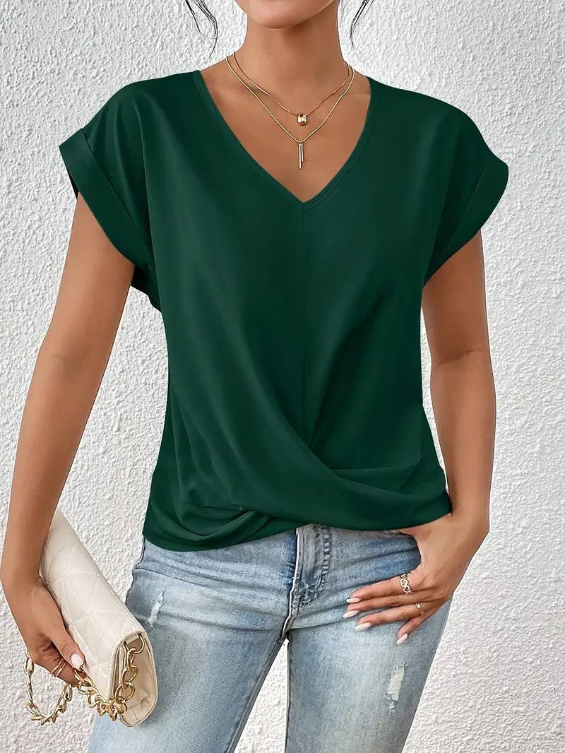Elegant short-sleeved solid-color V-neck T-shirt