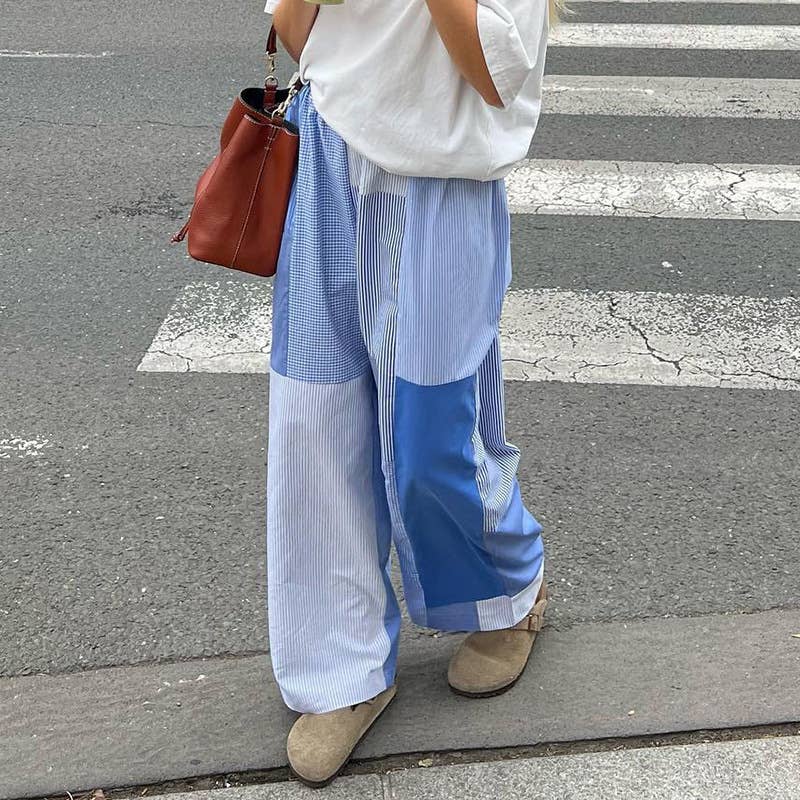 BLUE PLAID PATCHWORK PRINT ELASTIC WAIST PANTS