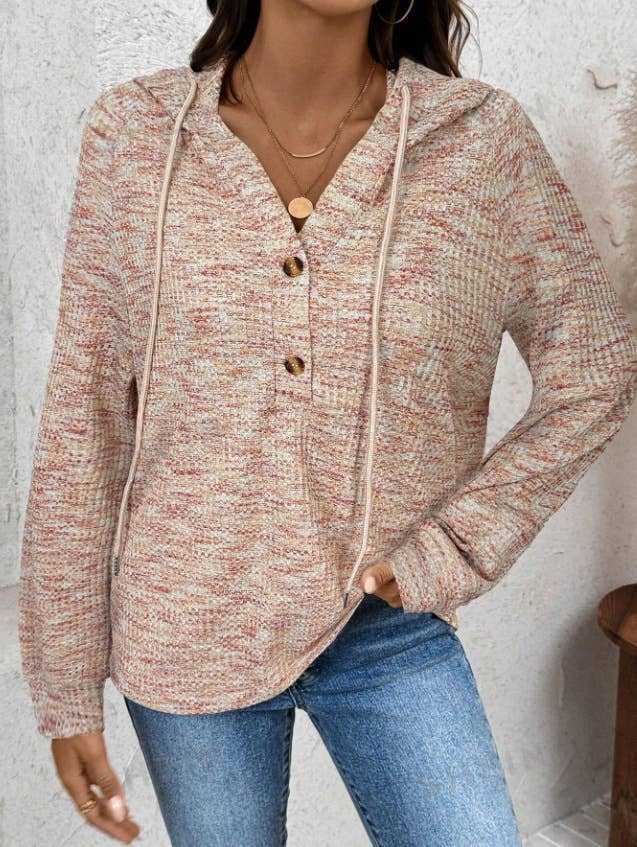 WAFFLE BUTTON-UP HOODIE LOOSE LONG-SLEEVED HOODIE