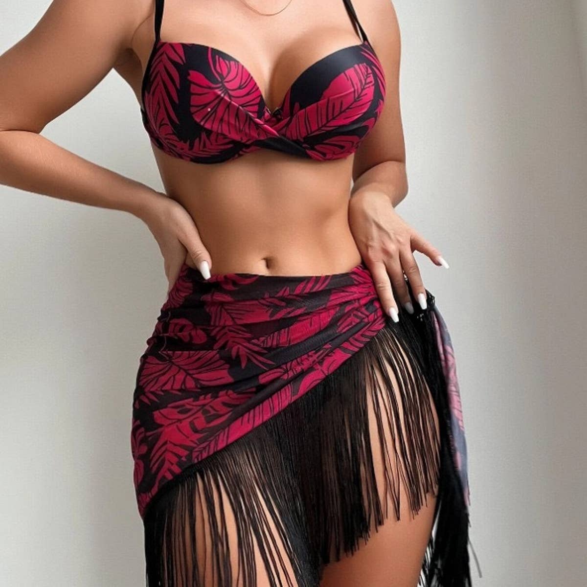 PRINTED TASSEL WRAP SKIRT THREE-PIECE SWIMSUIT_CWMW0335