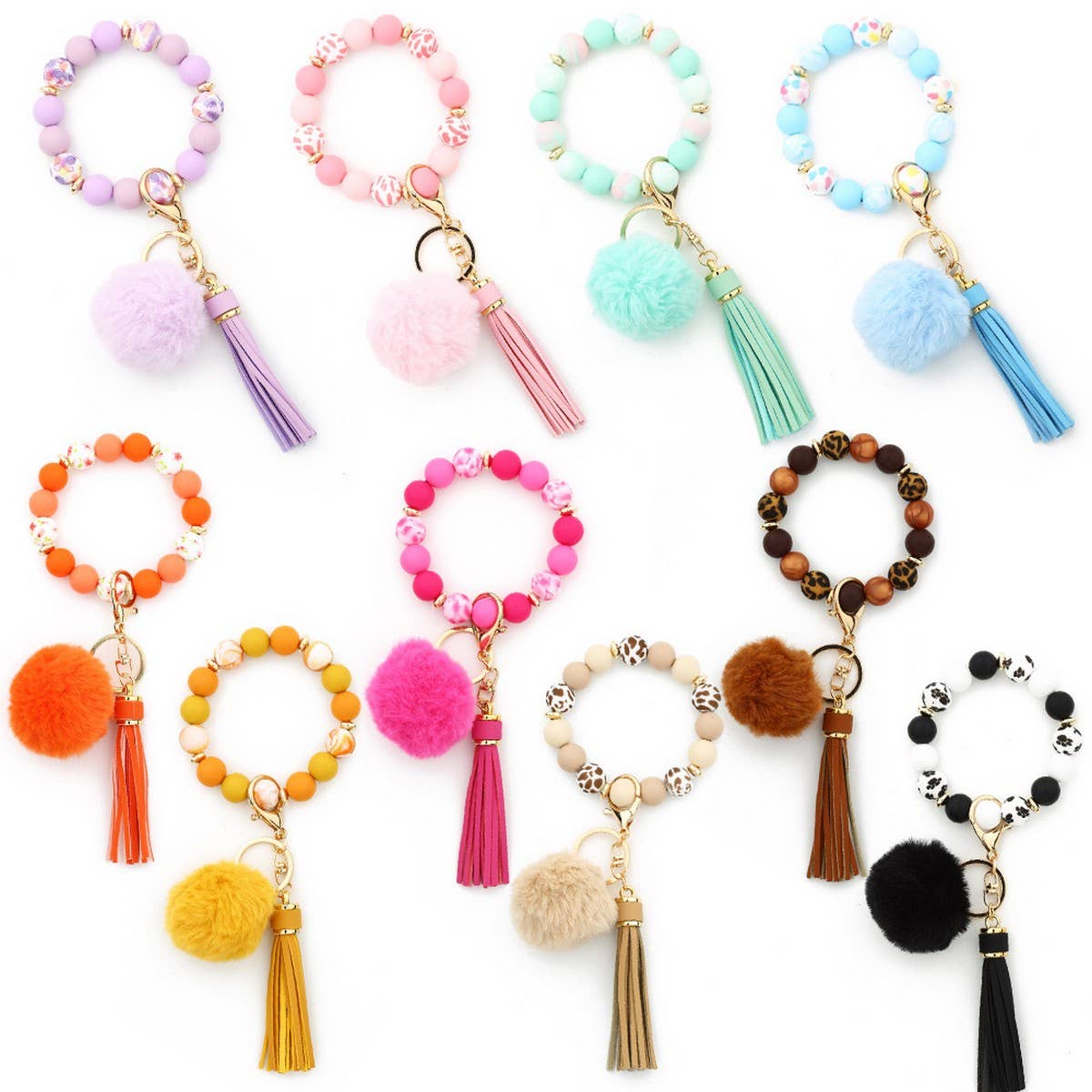 Pom-pom Tassel Keychain Silicone Bead Bracelet_CWAB5016