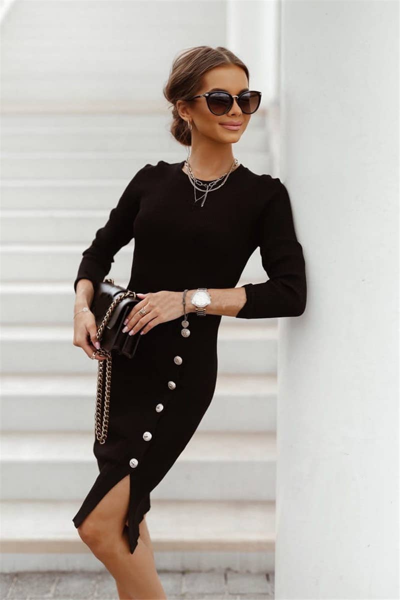 TEMPERAMENT SLIT SOLID COLOR BUTTON KNIT DRESS