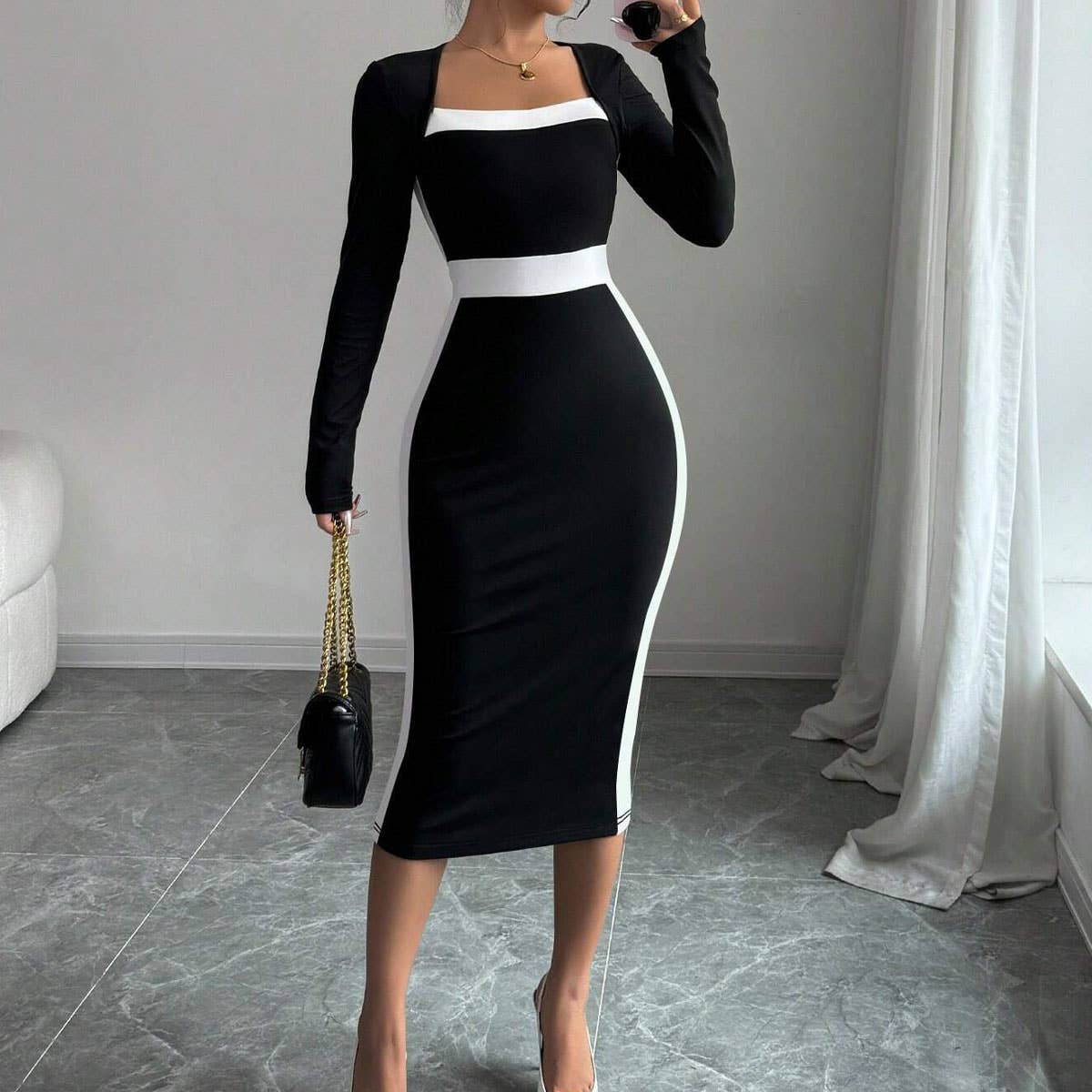 PATCHWORK COLOR CONTRAST MEDIUM LENGTH DRESS