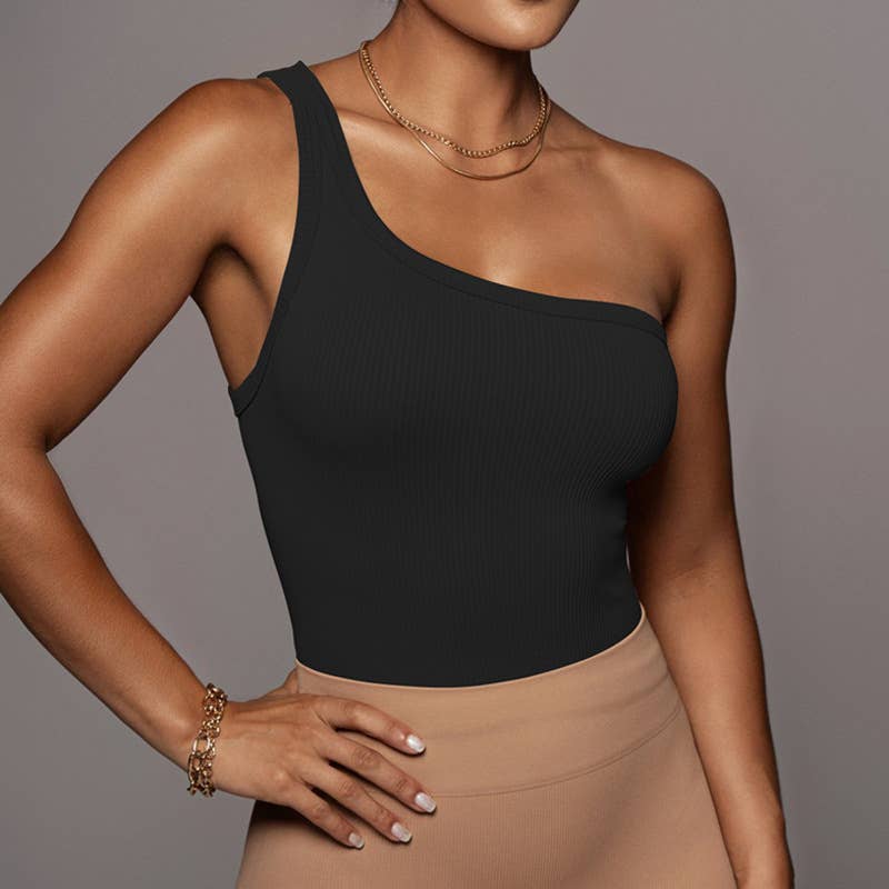 TRIM RIBBED TREND ONE-SHOULDER TANK TOP
