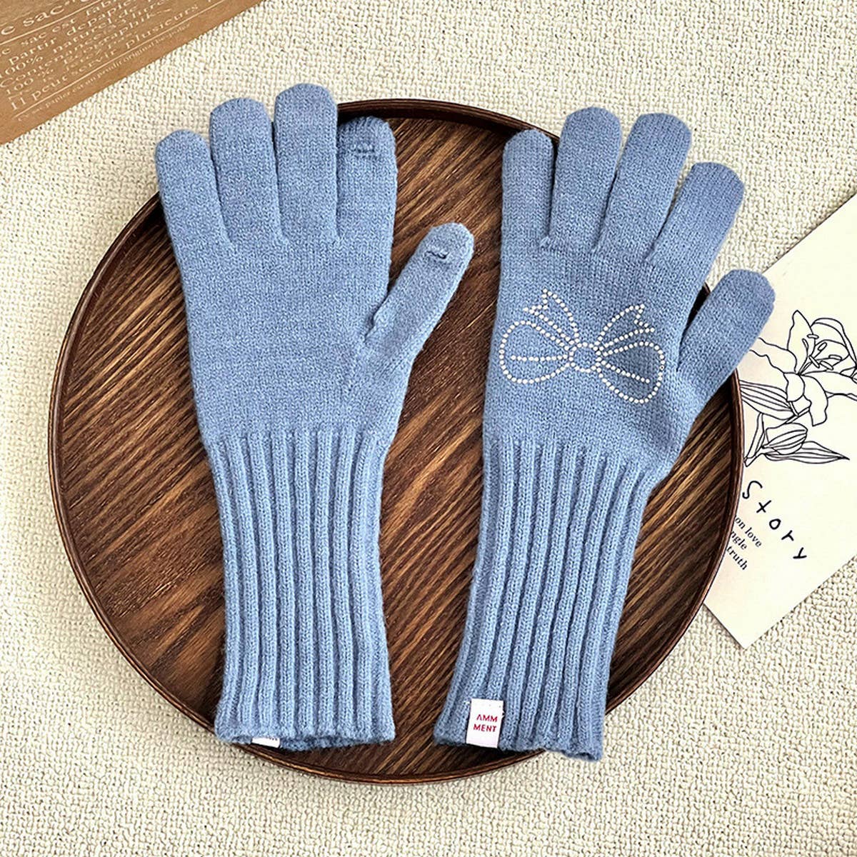 RHINESTONE BOW TOUCH SCREEN FIVE-FINGER GLOVES_CWAG0141