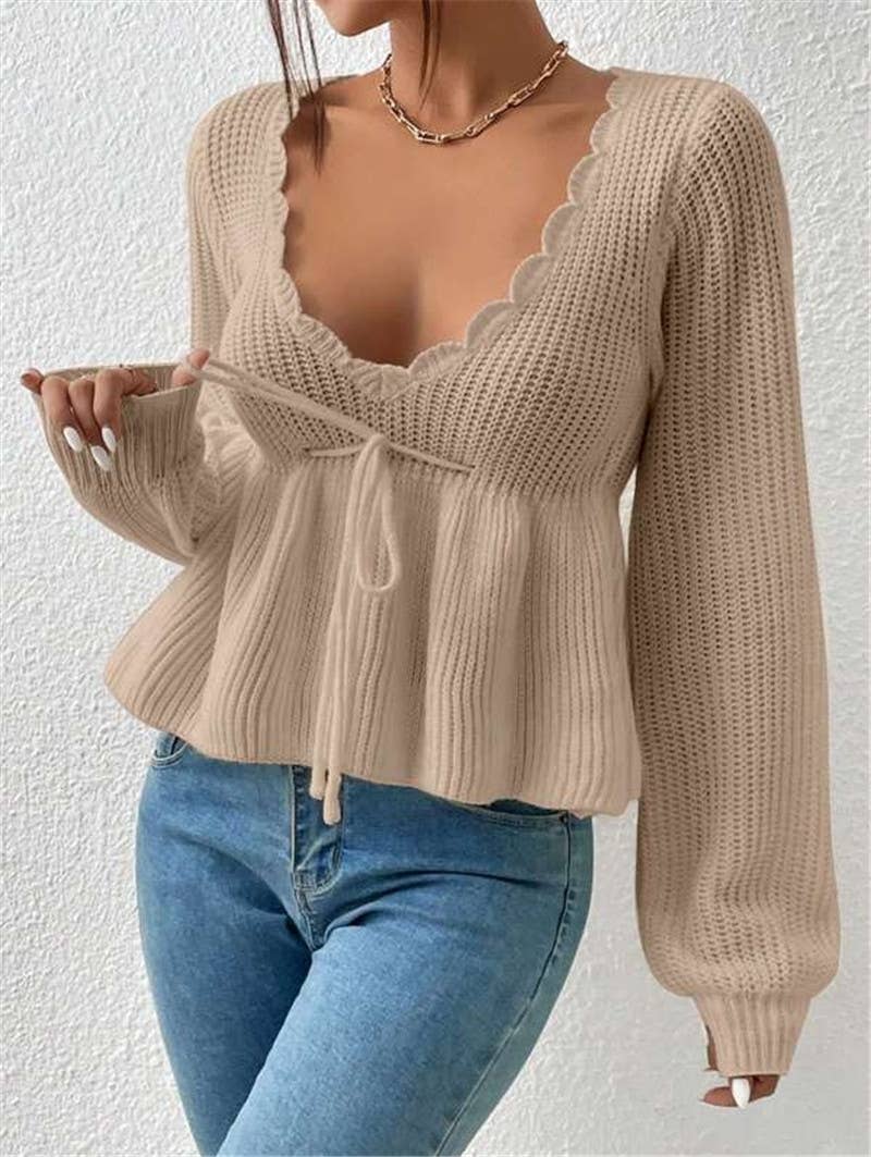 V-neck drawstring tie ruffled hem knit sweater