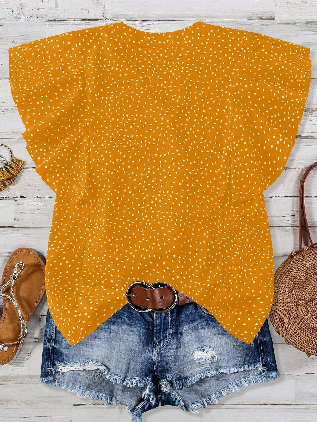 V-neck with broken points loose button pleat top