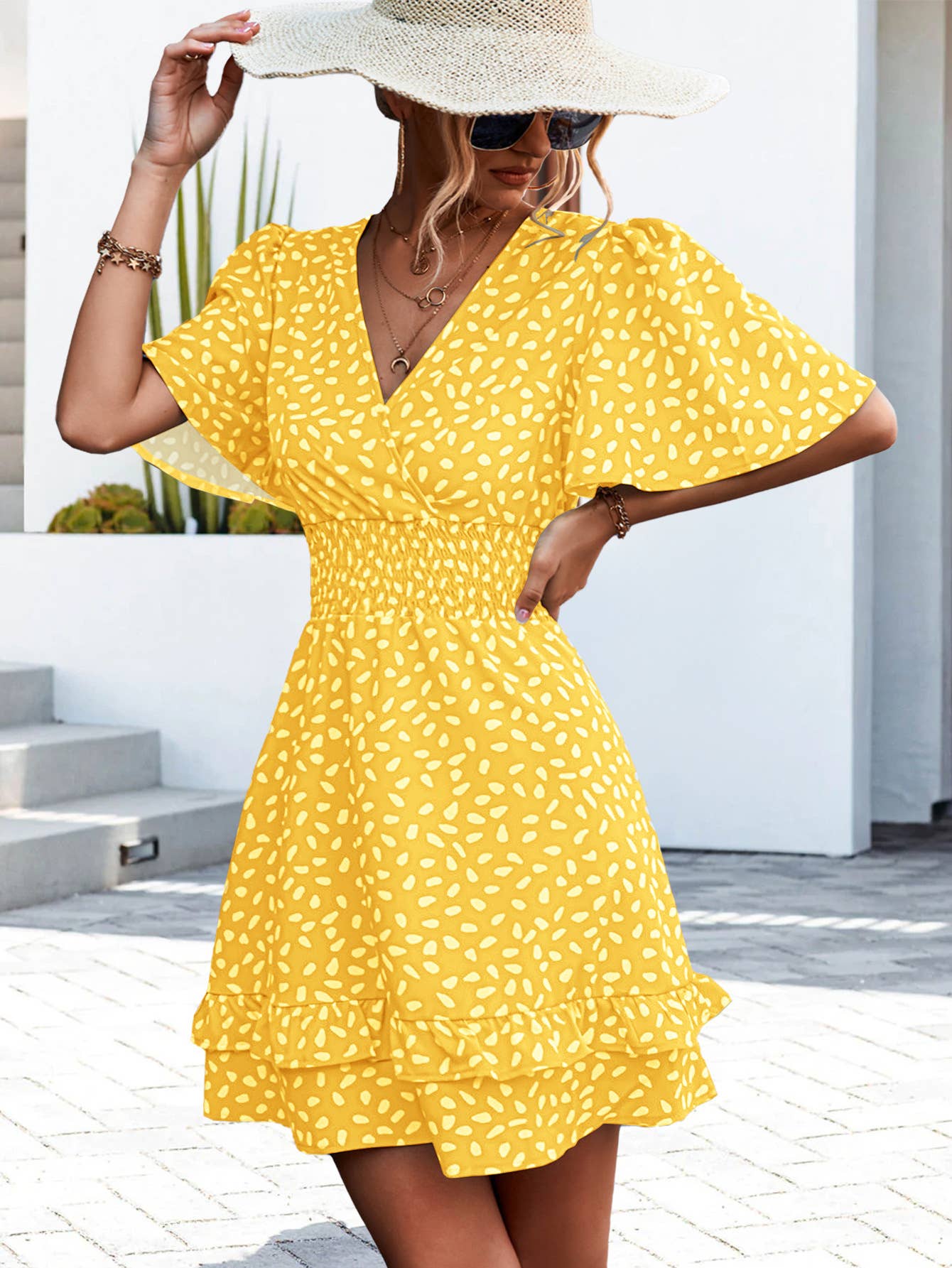 V-NECK DRESS WITH PINCHED SLEEVES