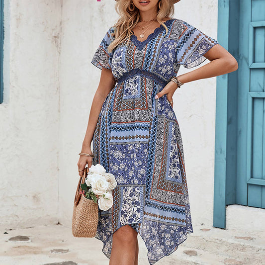 Irregular long skirt Bohemian printed dress