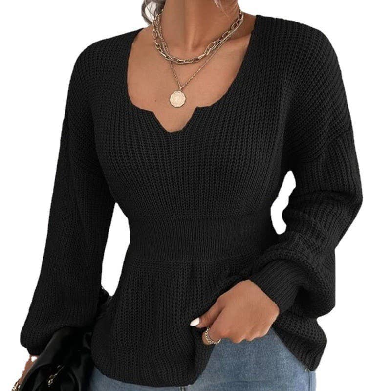 V-NECK SOLID COLOR LONG SLEEVE RUFFLED KNIT